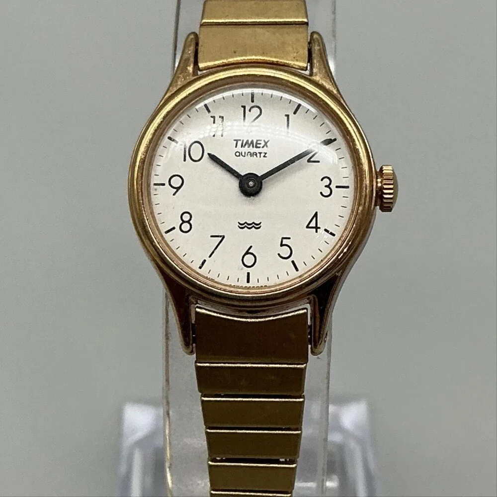 Vintage Timex Womens Watch 21mm White Round Dial Gold Tone Expansion Band